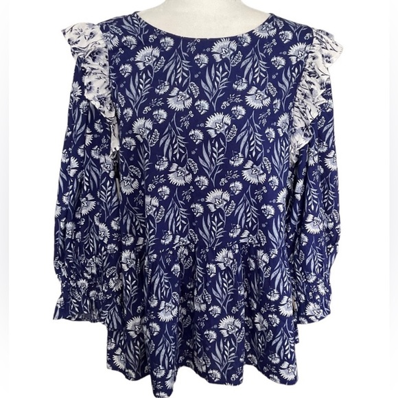NWT Universal Thread Blue Floral 3/4 Puff Sleeve Peplum Boho Style Top Size L - Picture 1 of 14